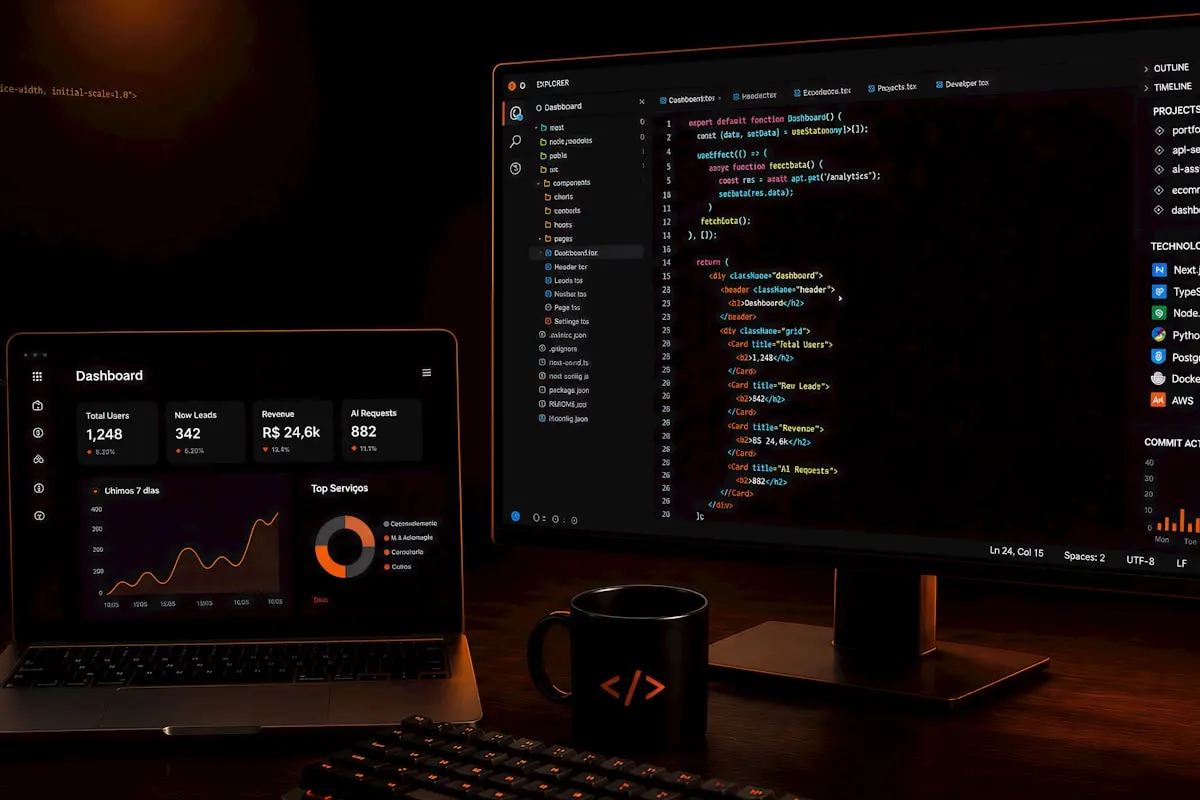 Estação de trabalho escura com código em dois monitores durante otimização de um site