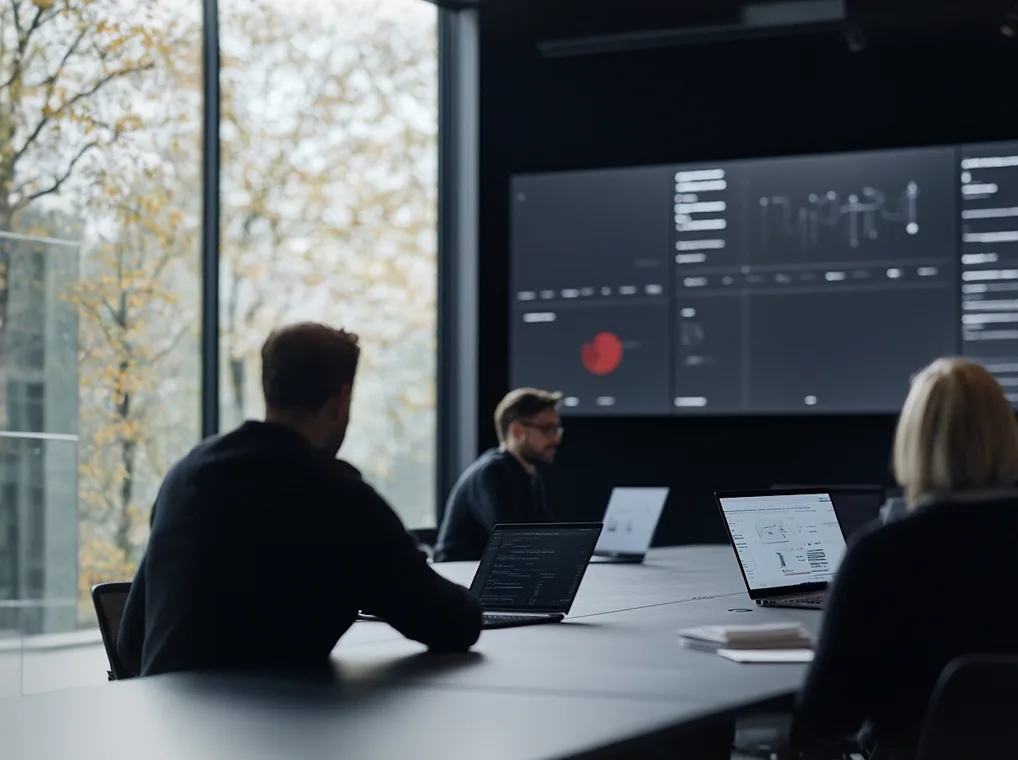 Time da Sagmo & Gnoa reunido no escritório analisando dashboards de resultados em um telão